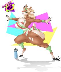 1girls 2d absurd_res anthro armband ass big_ass big_breasts breasts bubble_butt buckteeth clothing color deer deer_legs deltarune dialogue doe dullvivid english english_text female female_anthro female_only fur furry furry_female green_armband green_legband hi_res huge_ass large_ass large_breasts legband looking_at_viewer looking_to_the_side mouth_open no_sex noelle_holiday one-piece_swimsuit open_hand outstretched_arms shaded simple_background solo solo_female subtitled tail tan_fur text undertale_(series) vhs_artifacts vhs_filter warrior_2_(pose) yoga yoga_pose