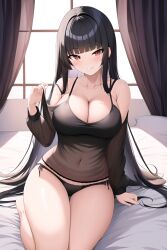 ai_generated black_hair black_panties cleavage large_breasts rose_eyes sly_smile