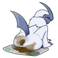 absol ambiguous_gender anus ass blush closed_eyes darktype_(artist) fart feces feral fur generation_3_pokemon grey_body horn madgythumtas newspaper nintendo pokemon pokemon_(species) pooping_on_floor raised_tail scat scat solo tail thumty white_body white_fur