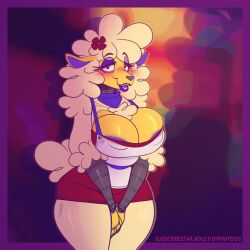 1girls animated animatronic anthro areola_slip big_areola big_breasts big_nipples blush breasts cleavage clothed clothing dark_nipples dialogue dimwitdog english_text female female_only furry furry_only large_breasts long_hair looking_at_viewer nipple_bulge open_mouth purple_nipples sha_(the_walten_files) sheep smile solo text the_walten_files thick_thighs voluptuous wide_hips