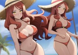 2girls ai_generated beach bikini cleavage highres hourglass_figure large_breasts long_hair looking_at_viewer original original_character palm_tree red_bikini red_hair shmebulock36 slim slim_waist straw_hat yellow_eyes