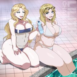 2girls aqua_eyes bikini blonde_hair blue_eyes brave_danganronpa:_coward's_paradise breasts cleavage commissioner_upload danganronpa danganronpa_another earrings eyewear_on_head fanganronpa female_only hoshinari_stella lilithcharlott2 long_hair magorobi_emma medium_breasts poolside sdra2 straight_hair sunglasses sunglasses_on_head super_danganronpa_another_2 swimsuit watermark wavy_hair