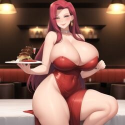 ai_generated artist_request blush choker cleavage disney dress earrings food gray_eyes holding_plate huge_breasts jessica_rabbit lace_choker lipstick long_hair long_red_hair looking_at_viewer red_dress red_hair seductive_smile sitting sitting_on_table smiling thick_thighs unknown_artist who_framed_roger_rabbit