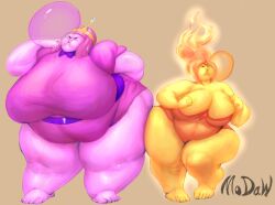 2girls adventure_time bbw big_ass big_belly big_breasts blowing_bubblegum bottom_heavy cartoon_network flame_princess huge_breasts modaw multiple_girls obese princess_bubblegum ssbbw taller_girl thick_thighs top_heavy wide_hips