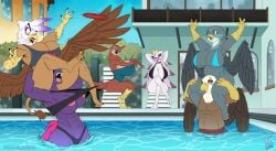 abs agentgrimm areola avian big_breasts bikini bird breasts bubo_(genus) cleavage clothed clothing demon equid equine eyewear female flat_colors friendship_is_magic frisbee gabby_(mlp) gilda_(mlp) glasses great_horned_owl gryphon hasbro helluva_boss hi_res male mammal marissa_hoyos muscular muscular_female my_little_pony my_little_pony:_the_movie_(2017) mythological_avian mythology owl stella_(helluva_boss) swimming_pool swimwear talon_hands talons tempest_shadow_(mlp) true_owl water zwitterkitsune