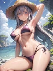 1girls 86_-eightysix- ai_generated bikini curvy_body curvy_female curvy_figure female_focus female_only highres long_hair stable_diffusion straw_hat vladilena_millize voluptuous voluptuous_female