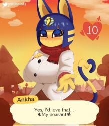 <3_eyes 2021 alternate_version_at_source animal_crossing ankha ankha_(animal_crossing) anthro big_breasts blue_eyes blue_eyeshadow blue_hair blush breasts clothed clothing coat curvy_figure detailed_background dialogue dialogue_box digital_media_(artwork) domestic_cat dress dusk english_text eyelashes eyeshadow felid feline felis female female_focus fur furry furry_only gammainks gesture hair hand_on_breast happy header header_box heart hi_res huge_breasts looking_at_viewer love makeup mammal nintendo number numbered_heart offering_hand outside plant red_clothing red_dress red_scarf romantic romantic_ambiance scarf short_hair signature smile smiling_at_viewer solo standing tail tail_gesture tail_heart talking_to_viewer text text_box text_bubble topwear tree white_clothing white_coat white_topwear wholesome yellow_body yellow_fur