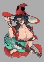 blue-tinted_eyewear clothing eyewear female guilty_gear guitar handwear headwear hexprinxess huge_breasts human i-no legwear looking_over_eyewear looking_over_glasses looking_over_sunglasses massive_breasts naughty_face pale_skin skimpy sunglasses tinted_eyewear