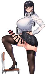 1futa 2022 absurdres balls bar_censor big_breasts big_penis black_hair bottomless bouhatei_(t-back) breasts censored chair classroom clipboard clothed clothing earrings erection futa_only futanari glasses going_commando high_heels higher_resolution_duplicate highres huge_cock human jewelry large_breasts large_penis licking_lips light-skinned_futanari light_skin long_hair looking_at_viewer mostly_clothed penis penis_under_skirt purple_eyes shirt skirt small_balls small_testicles solo standing teacher testicles thick_thighs thighhighs thighs tongue tongue_out