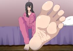 absurd_res absurdres bed big_breasts big_feet black_hair braided_hair confettish feet female female_only foot_fetish foot_focus hi_res high_resolution highres lily_ashley looking_at_viewer looking_down_at_viewer painted_toenails pink_eyes pink_pajamas pink_toenails point_of_view pov pov_feet sitting_on_bed smile smiling_at_viewer soles solo_female valkyria_chronicles valkyria_chronicles_4