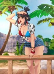 1girls ass beach bent_over big_breasts bikini bikini_top black_hair blush booty_shorts breasts choker cleavage clothing evie_(fortnite) female female_focus female_only fortnite fortnite:_battle_royale glasses outdoors red_lipstick solo tagme thick_thighs tyrana watermark