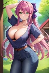 ai_generated big_breasts breasts cleavage clothing contrapposto female forest green_eyes hair_ornament hair_ribbon hand_on_head hand_on_hip jeans light-skinned_female long_hair pink_hair shirt solo stable_diffusion stylist_(terraria) terraria thick_thighs wide_hips yo_dayo_(ai)