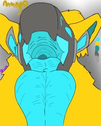 absurd_res anthro blue_eyes blue_tongue hi_res machine male mango mouth_shot nullya open_mouth oral_vore protogen solo tongue vore