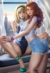 2girls alternate_version_available ayyasap blonde_hair blue_eyes clothed clothed_female curvy duo female female/female female_only fully_clothed gwen_stacy gwen_stacy_(classic) hairband headband human light-skinned_female marvel marvel_comics mary_jane_watson red_hair spider-gwen spider-man_(series) straight_hair superheroine thighs wide_hips yuri