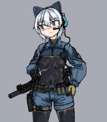 assault_rifle blue_eyes blush bodypaint cat_ear_headphones dutchko headgear looking_away nipples original_character shorts silver_hair weapon