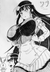 1girls :o bangs black_hair blunt_bangs english_text female ha_jin happy_birthday huge_breasts ikaruga_(senran_kagura) light-skinned_female light_skin looking_down monochrome motion_lines multiple_views nosebleed pencil_(artwork) senran_kagura shocked simple_background skirt standing straight_hair text thick_thighs very_long_hair white_background