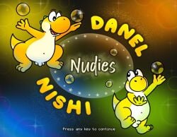 anthro detailed_background duo english_text genitals male male/male mario_(series) navel nintendo nishi_oxnard nishi_yoshi nishioxnard nude open_mouth orange_yoshi penis smile sparkles text title tongue_showing yellow_yoshi yoshi