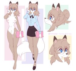 anthro blue_eyes brown_body brown_fur brown_hair eyewear female folder fur generation_7_pokemon glasses hair hi_res inosagi lycanroc model_sheet nintendo pokemon pokemon_(species) smile solo tail white_body white_fur white_tail