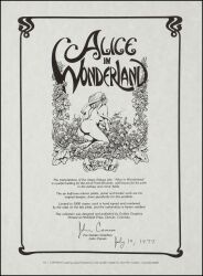 aged_up alice_in_wonderland alice_liddell blonde_hair book_plate casual casual_nudity completely_nude female flowers frank_brunner human monochrome nude outdoors pale_skin ribbon tagme title_page