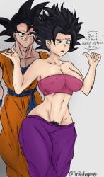 big_ass big_breasts black_eyes black_hair bubble_ass bubble_butt caulifla dat_ass dragon_ball dragon_ball_super dragon_ball_z female huge_ass huge_breasts male muscles muscular_male pink_shirt son_goku stalking straight thedestroyers69 thick_ass thick_thighs universe_6/universe_7 universe_6_saiyan/universe_7_saiyan white_body