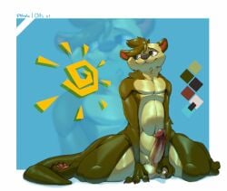 abstract_background anthro blue_background bodily_fluids color_swatch erection genital_fluids hand_on_balls hi_res male male_only mammal mustelid olts_(pthalo) otter precum pthalo_(artist) simple_background solo sun tail thick_thighs