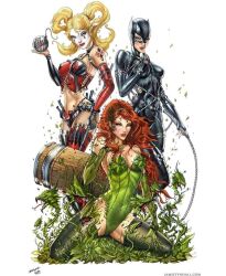 3girls batman_(series) big_breasts blonde_hair catwoman curvy curvy_female curvy_figure dc_comics female female_only gotham_city_sirens green_skin harley_quinn jamie_tyndall multiple_girls pale-skinned_female poison_ivy red_hair tight_clothing trio ula_mos villainess wide_hips