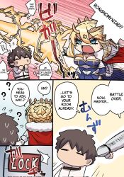 1boy artoria_pendragon_(fate) artoria_pendragon_(lancer) artoria_pendragon_(lancer)_(fate) blonde_hair busty_(superbusty) crown dialogue english_dialogue english_text fate/grand_order fate_(series) female fujimaru_ritsuka_(male) heart highres imminent_penetration leotard pononozo sweat text