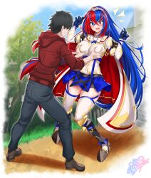 1boy :d absurdres alear_(female)_(fire_emblem) alear_(fire_emblem) black_hair blue_eyes blue_hair blue_pants blue_skirt blue_sky boots breast_grab breasts commentary commission day denim double_breast_grab female fire_emblem fire_emblem_engage grabbing groping heterochromia highres hood hooded_jacket jacket jeans large_breasts long_hair male miniskirt molestation multicolored_hair nez-box nintendo open_mouth original pants red_eyes red_hair red_jacket shirt short_hair skirt sky smile standing thighhighs thighs tiara two-tone_hair very_long_hair white_shirt white_thighhighs