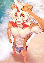 2020 absurd_res anthro areola arknights athletic athletic_anthro athletic_male beach black_nose bulge canid canine canis clothing domestic_dog feet fur furry hair hi_res horn humanoid_feet hung_(arknights) hypergryph looking_at_viewer male male_focus mammal multicolored_body multicolored_fur multicolored_hair muscular muscular_anthro muscular_male omedemidori plantigrade red_hair red_horn sand sea seaside solo studio_montagne swimwear tan_body tan_fur two_tone_body two_tone_fur two_tone_hair water white_body white_fur white_hair