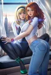 2girls alternate_version_available ayyasap blonde_hair blue_eyes breasts clothed clothed_female curvy duo female female/female female_only fully_clothed gwen_stacy gwen_stacy_(classic) hairband headband human light-skinned_female marvel marvel_comics mary_jane_watson red_hair spider-gwen spider-man_(series) straight_hair superheroine wide_hips yuri