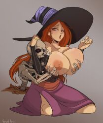 big_breasts breast_grab dragon's_crown female gewd-boi groping_breasts groping_from_behind huge_breasts long_hair monster necromancer necromancy necrophilia nipples red_hair skeleton sorceress_(dragon's_crown) witch witch_hat