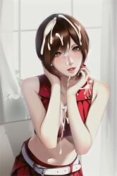 ai_generated belt blush brown_eyes brown_hair bukkake clothed_female cum cum_on_body cum_on_face cum_on_hair cumshot meiko meiko_(vocaloid) red_lips short_hair stable_diffusion vocaloid window