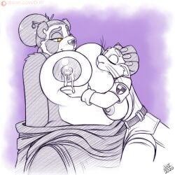 1:1 2020 anthro bahm-bu bear big_breasts bodily_fluids breast_play breast_sucking breastfeeding breasts clothed clothing cosplay digital_media_(artwork) drxii duo female female/female fur giant_panda hair halloween hi_res holidays huge_breasts lactating mammal marine milk nipple_fetish nipple_play nipple_suck nipples pinniped seal simple_background smile sucking taur white_body white_fur