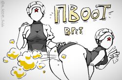 ass atomic_heart ballerina bent_over big_ass blonde_hair faceless faceless_character fart fart_cloud fart_fetish farting female female_only jubb left_(atomic_heart) onomatopoeia right_(atomic_heart) robot robot_girl russian the_twins_(atomic_heart) white_background