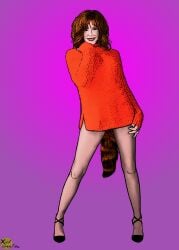 anal black_nail_polish black_nails bottomless bottomless_female buttplug buttplug_tail celebrity drawing fox_tail french high_heels legs light_skin light_skinned_female magenta_background mylene_farmer orange_sweater pale pale_skin posing purple_background real_person red_hair rings smile sweater sweater_only tail_plug xicl-creation