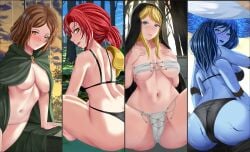 4girls ass ass_focus big_ass black_thong cloak cloak_only deathbed_smalls elden_ring female female_only fia_the_deathbed_companion fromsoftware fuzzlogik melina_(elden_ring) millicent_(elden_ring) multiple_girls ranni_the_witch spread_legs thong