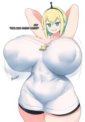 1girls alternate_breast_size amano_pikamee areola_bulge big_breasts blonde_hair breasts dialogue english_text female green_eyes grin high_resolution hips huge_breasts hyper hyper_breasts large_breasts massive_breasts sharp_teeth short_hair sinensian thick_thighs thighs virtual_youtuber voms_project wide_hips