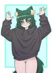 animal_ears arms_up blush bodily_fluids bottomless casual_bottomless caught_in_the_act caught_masturbating eyelashes green_eyes green_hair hands_up hoodie hoodie_only looking_at_viewer loose_clothes nekomimi no_panties pussy_juice pussy_juice_on_fingers short_hair smile solo solo_female standing sweatdrop tail the_pink_pirate turquoise_eyes wet wet_pussy