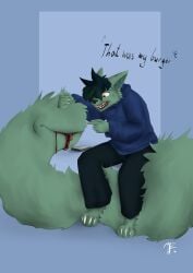 absurd_res angry anthro blood blood_in_mouth blood_on_face bodily_fluids canid canine canis duo fur green_body green_fur green_hair green_tail green_wolf hair hard_vore hi_res male male/male mammal murid murine phone rat rodent tafy tafy_tail tail tail_mouth text unusual_anatomy unusual_tail vore wolf yellow_eyes