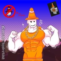 1boy abs armpit_hair armpit_hair_peek armpits bald bara cone_hat flexing juke's_towers_of_hell kendrick_nsfw male male_only muscles original_character request roblox roblox_avatar robloxian smile tanktop traffic_cone white_skin