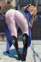 1girls ass bent_over blonde_hair blue_eyes boots bow cameltoe cleft_of_venus female female_focus from_behind genshin_impact hairbow high_heel_boots high_heels highres jean_gunnhildr leaning leaning_forward long_hair looking_at_viewer looking_back pants ponytail ririko_(fhnngririko)