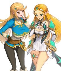 2girls blonde_hair blush breasts breath_of_the_wild cleavage clothed company_connection cosplay costume_switch crossover embarrassed female gold_eyes gonzarez green_eyes huge_breasts light-skinned_female light_skin long_hair mythra_(xenoblade) mythra_(xenoblade)_(cosplay) nintendo outfit_swap pointy_ears princess_zelda princess_zelda_(cosplay) tagme the_legend_of_zelda thick_thighs xenoblade_(series) xenoblade_chronicles_2 zelda_(breath_of_the_wild)