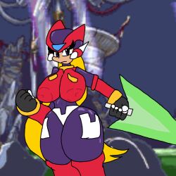 1girls artist_request background big_breasts blonde_hair breasts helmet huge_thighs light-skinned_female light_saber long_hair mega_man mega_man_zero rule_63 rule_63 tagme thick_thighs thighs yellow_hair zero_(mega_man)