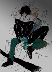 2boys age_difference aizawa_shouta arms_behind_back arms_tied bakugou_katsuki being_undressed eraserhead gay hands_tied katsuki_bakugou male male_only my_hero_academia on_lap shouta_aizawa sitting_on_lap teacher_and_student undressing yaoi younger_dom_older_sub