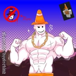 1boy abs armpit_hair armpit_hair_peek armpits bald bara cone_hat flexing juke's_towers_of_hell kendrick_nsfw male male_only muscles original_character pubic_hair pubic_hair_peek request roblox roblox_avatar robloxian smile tanktop traffic_cone white_pubic_hair white_skin