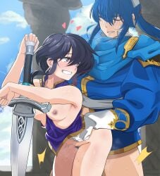 1boy 1girls bad_source bent_over black_hair blue_hair blush breasts closed_eyes column commission commissioner_upload doggy_style female female_pubic_hair fire_emblem fire_emblem:_genealogy_of_the_holy_war hanging_breasts heart heart-shaped_pupils highres larcei_(fire_emblem) long_hair looking_at_another looking_back male nintendo nipples pillar ponytail pubic_hair public_indecency pussy_juice seliph_(fire_emblem) sex sex_from_behind short_hair smile spaghett8 spaghetto087 straight sweat sword symbol-shaped_pupils tomboy torso_grab weapon