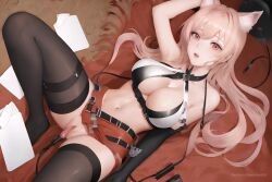 1girls 2023 ai_generated animal_ear_fluff animal_ears arknights armpits arms_up bare_arms bare_midriff blush bra breasts coach female female_only gloves highres large_breasts legs legs_apart legwear long_hair looking_at_viewer lying midriff pink_eyes pink_hair pozyomka_(arknights) ravenherd sex_toy solo spread_legs thick_thighs thighhighs thighs vibrator vibrator_in_pussy wolf_ears wolf_girl