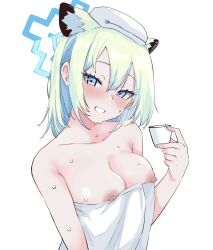 animal_ear_fluff animal_ears berserkert blue_archive blush breasts commentary cup eyelashes female hair_between_eyes halo highres holding holding_cup large_breasts light_green_hair looking_at_viewer multicolored_hair nipples shigure_(blue_archive) shigure_(hot_spring)_(blue_archive) short_hair simple_background solo symbol-only_commentary towel towel_on_head upper_body wet white_background