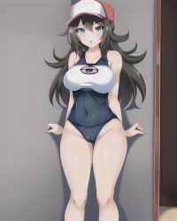 big_breasts blue_eyes brown_hair girl hat indoors inframammary_clothing_crease large_breasts long_hair pokemon swimsuit tight_clothing trainer