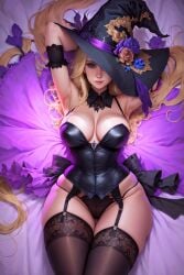 ai_generated armpits arms_up bare_shoulders bed_sheet black_legwear black_panties blonde_hair blue_rose cleavage corset female garter_belt garter_straps hat large_breasts legwear lingerie long_hair looking_at_viewer panties purple_flower purple_rose smile solo stable_diffusion thighhighs underwear witch witch_hat